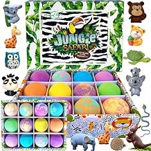 Bath Bombs for Kids with Surprise Inside, 12 Bubble Bath Fizzies with Jungle Animal Toys. Moisturizing, Gentle & Kids Safe, Rainbow Spa Bath Fizz, Birthday Gifts for Boys, Girls