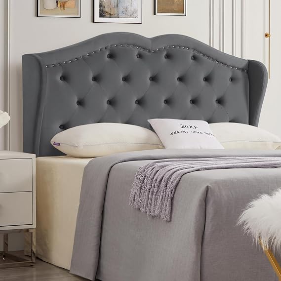 24KF Modern Wingback Upholstered Tufted Button Queen Size Full Size Headboard,Soft Velvet Comfortable Fashional Padded Queen/Full Size headboard-6030-Q-Dark Gray