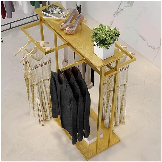 Etlegor Heavy Duty Clothes Garment Rack, Freestanding Double Rod Clothing Hanger Stand with Storage Display Shelf for Hanging Clothes Boutique Store (Color : Gold, Size : 150x50x150cm)