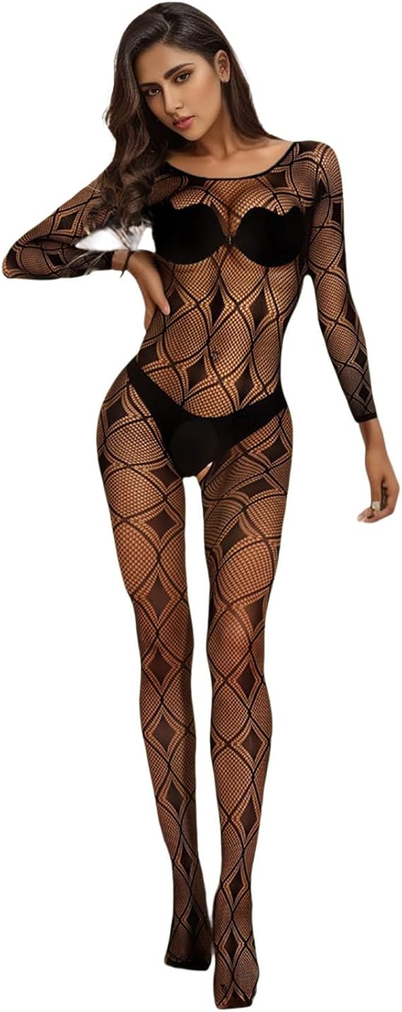 Women Fishnet Mesh Lingerie Bodystocking Lace Smock Badydoll See Through