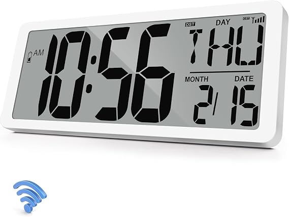 Atomic Clock 14.9" Digital Wall Clock Battery Operated Atomic Wall Clock Large Digital Alarm Clock with Day Date & Temperature for Wall Bedroom Living Room Classroom Home Office