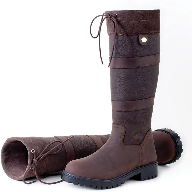 Rhinegold ELITE BROOKLYN LEATHER COUNTRY BOOTS – Durable Unisex Waxy Leather Boots with Faux Suede Cuff &amp; Drawstring – Non-Slip Rubber Sole for Yard, Country &amp; Everyday Wear