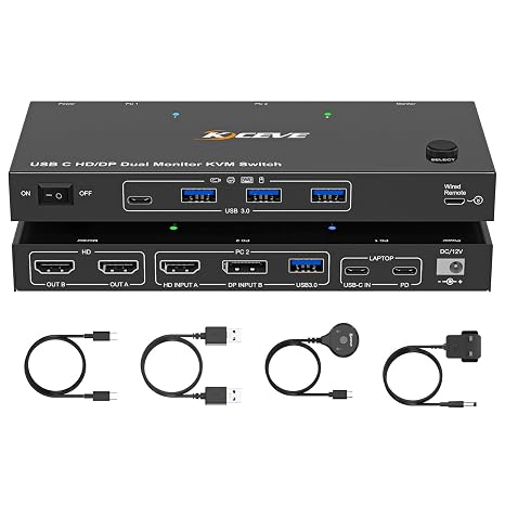 4K@60Hz USB C HDMI DP KVM Switch 1 PC 1 Laptop Sharing 2 Monitors and 4 USB 3.0 Ports, PD 73W for Laptops, Dual Monitor KVM Switches with Cable Remote Control and USB Cable