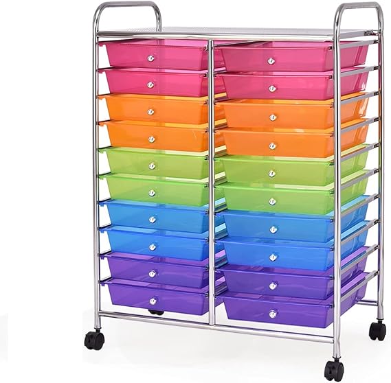 GOFLAME 20-Drawer Rolling Storage Cart, Multifunctional Art Craft Organizer Cart, Mobile Utility Storage Cart with Removable Drawers & Lockable Wheels, Craft Cart for Home Office, Rainbow