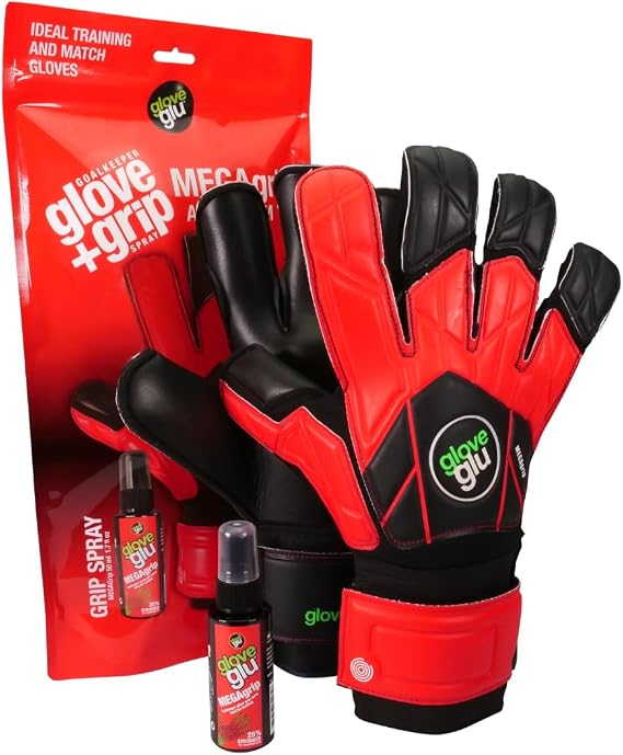 gloveglu MEGAgrip Glove+Grip Spray Gift Pack | Academy Hybrid Goalkeeper Gloves with 1.7 floz MEGAgrip Spray | Football Soccer Goalkeeper Gloves for Match Training Practice and Wet Weather Performance