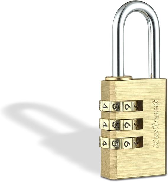 Kwikset Brass Combination Padlock, 3-Digit, 1-1/8" Body, 1" Shackle | Resettable Code Fits Lockers, Cabinets and Toolboxes; 1-1/8 in Brass Body with 1 in Shackle, No Keys Needed