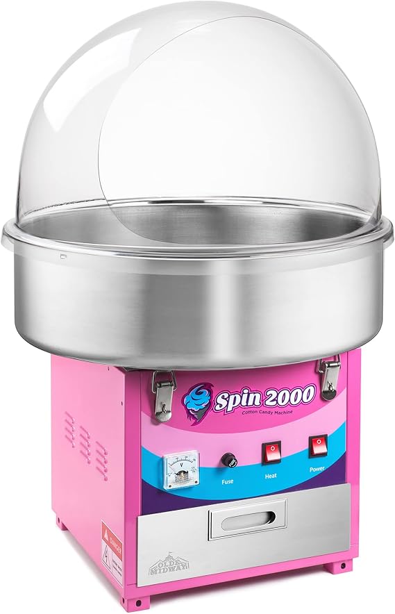 Olde Midway Cotton Candy Machine with Bubble Shield, SPIN-2000 Electric Candy Floss Maker, Commercial-Grade