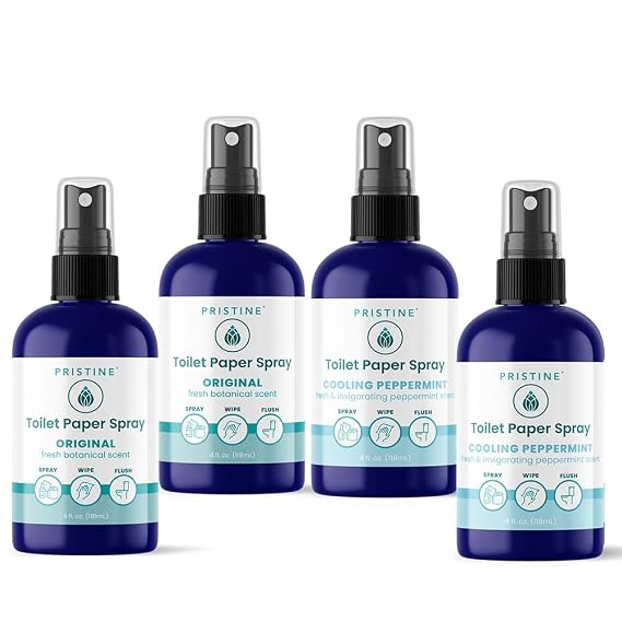 PRISTINE Toilet Paper Spray - As Seen on Shark Tank, More Natural Personal Cleansing Wipe Alternative, Spray Toilet Paper to Create Flushable Wipe, Two Original & Two Cooling Peppermint Bundle
