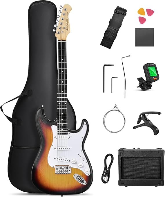 Donner DST-80S Sunburst Electric Guitar Beginner Set, ST Type, SSS Pickup, 39-Inch, Full Size, Mini Amplifier Included, 9-Piece Accessory Set with Exclusive Case and Tuner