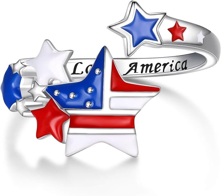 Sariel American Flag Ring 925 Sterling Silver July 4th Red White and Blue Jewelry Independence Day Gifts for Women