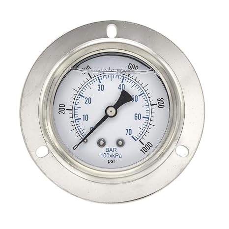 PIC Gauges 204L-404M Front Flanged Panel Mount Glycerine Filled Pressure Gauge w/ SS Case/Bezel, Brass Internals, PC Lens, 4" Dial, 0/1000 psi Range, 1/4" Male NPT