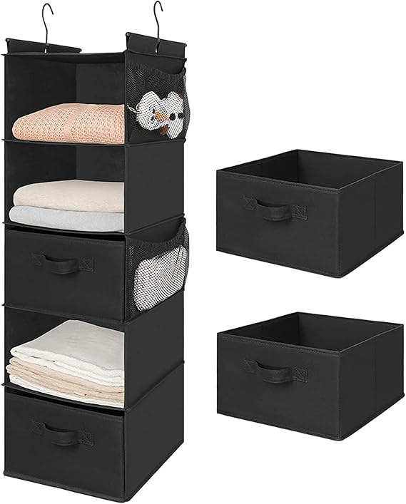 MAX Houser 5 Tier Shelf Hanging Closet Organizer, Cloth Hanging Shelf with 2 Sturdy Hooks for Storage, Foldable (Black-D2)