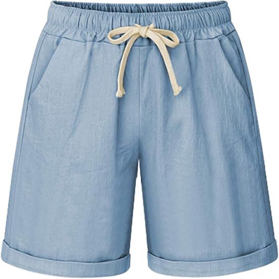 Bermuda Shorts for Women Casual Summer Elastic Waist Cotton Knee Length Shorts with Drawstring