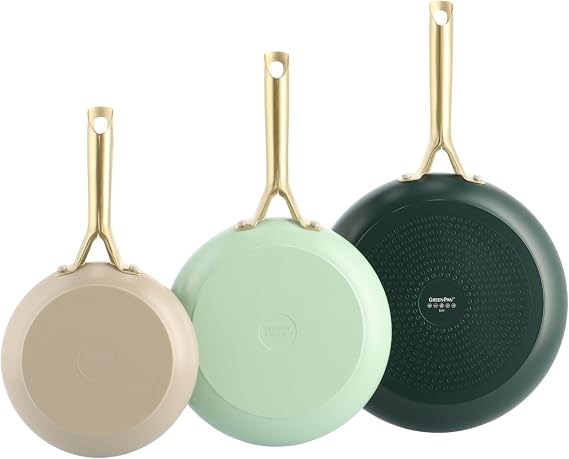GreenPan Shades 3-Piece Ceramic Non-Stick Pan Set, Diameter 20/24/28 cm, PFAS-Free, Induction Safe, Golden Stainless Steel Handle, Dishwasher Safe, Oven Safe, Natural