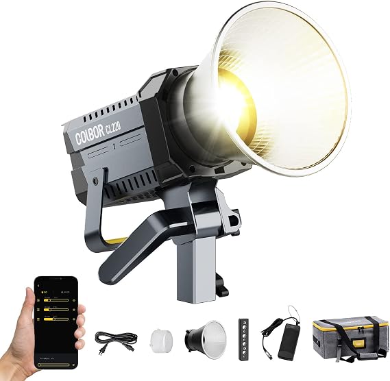 Video Light, COLBOR CL220 220W Continuous Lighting 2700-6500K Bi-Color CRI96+ 52,700Lux@3.3ft COB Studio Light with Bowens Mount APP 10 Light Effects for Film Live, Video-Light-Studio-LED-Photography