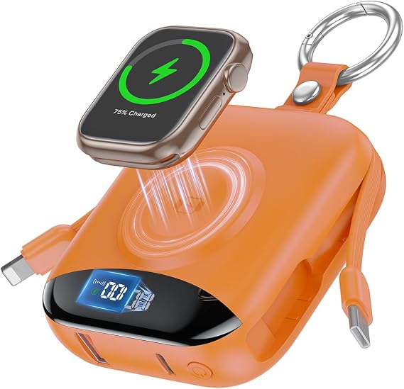 citicr Portable Charger 10000mAh w/Built-in Cables & iWatch Charger Orange