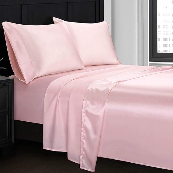 5PCS Satin Split Cal-King Sheets Set for Adjustable Bed High Thread Count Luxury Bedding Set,Split Cal-King Blush Pink Sheets Set-Soft Bedsheets and Pillowcase,Fits Mattress Upto 16''Deep Pockets
