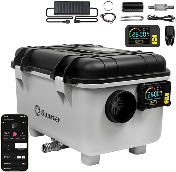 Sunster 8KW Air Diesel Heater Portable Auxiliary Heater with App EU Adapter App control EU adapter car start-stop 0.12-0.45 L/h for car truck workshop garage camping caravan