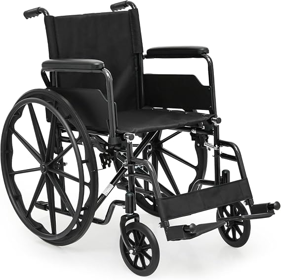 Lightweight Folding Self-Propelled Wheelchair for Adults & Seniors, 18" Wide Seat Supports 300lbs, Portable Transport Chair with Swing-Away Footrest & Removable/Flip-Back Armrests, Steel Frame