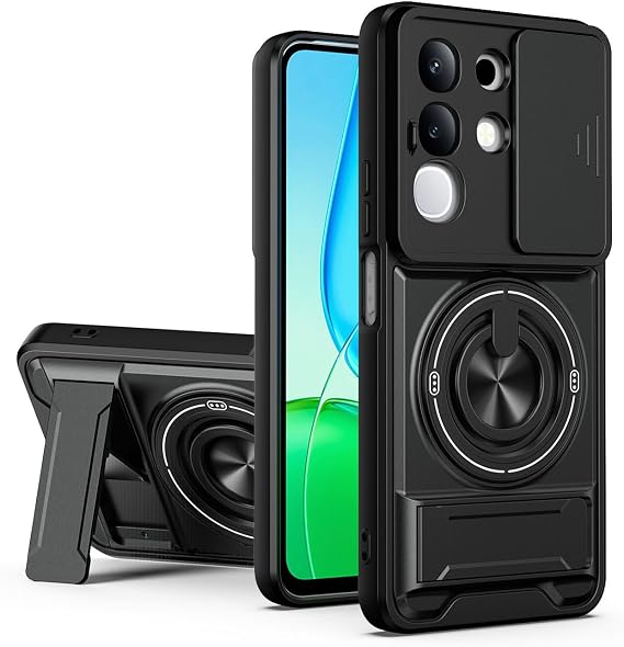 Compatible with vivo iQOO Z10x 5G Case Cover,Compatible with Vivo Y29 4G V2434 / T4X V2437 / Y31 Pro 5G with Slide Camera Cover Phone Stand Protective Case Black