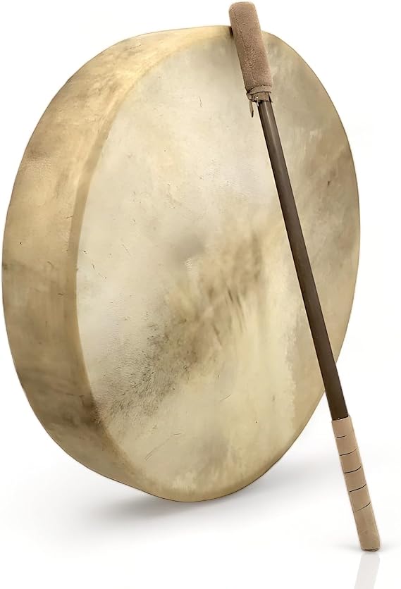 GMP Traditional Frame Drum/Bodhran with Handle, 15" Diameter | Natural Goatskin Head,  with Wood and Leather Mallet