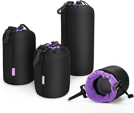 Cwatcun 4 Pack Lens Pouch Set, Camera Lens Case Bag with Thick Protective Neoprene, for Canon Nikon Sony Pentax Olympus Panasonic Fuji Sigma DSLR SLR Camera Lens (Size Small, Medium, Large, X Large)