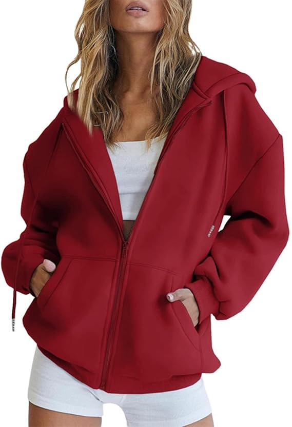 sweatshirts for women trendy Zip Up Hoodie Women Oversized Sweatshirts Lightweight Y2K Jacket Trendy Fleece Cropped Hooded Pullover 2024 Fall Fashion Clothes Red Liquidation Pallets
