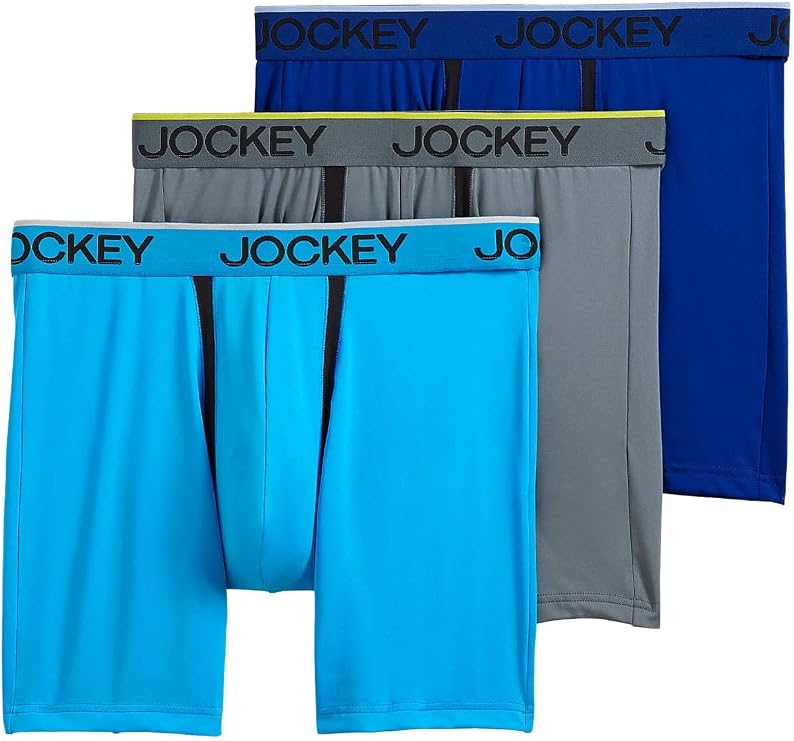 Jockey Men's Underwear Chafe Proof Pouch Microfiber 6" Boxer Brief - 3 Pack, Bright Aqua/Iron Grey/Blue Jay, L