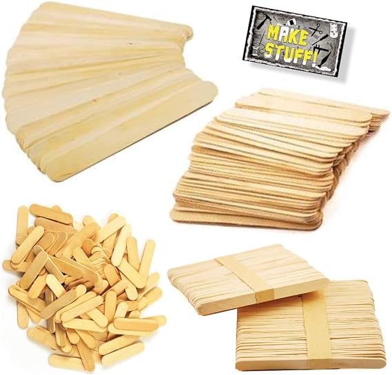 Craft Sticks, Assorted Sizes- Extra Jumbo (25-ct), Jumbo (50-ct), Regular (100-ct) and Mini (120-ct)-Natural Wood, 4-Pack Set with 'Make Stuff' Sticker