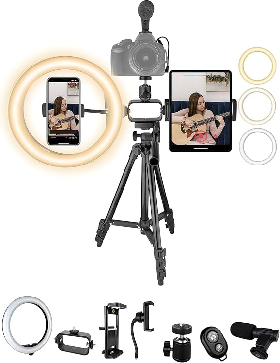 Acuvar Vlogging Kit with Ring Light Tripod Content Creator Kit for iPhone, Android & Tablets, Microphone, Remote, YouTube & TikTok Starter Kit for Influencers