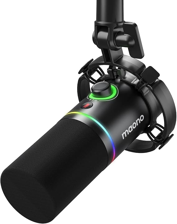 MAONO XLR/USB Dinamik Mikrofon, Yazılımlı RGB Oyun Mikrofonu, Sessiz, Kazanç Düğmesi, Ses Kontrolü ve Kulaklık Jakı, Akış, Podcasting, Kayıt - PD200X (Siyah)