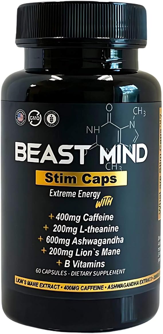 Beast Mind Extreme Energy Pills | 400mg Caffeine | 600mg Ashwagandha | 200mg Lions Mane | Increased Energy & Focus & Mood | Pre-Workout Supplement