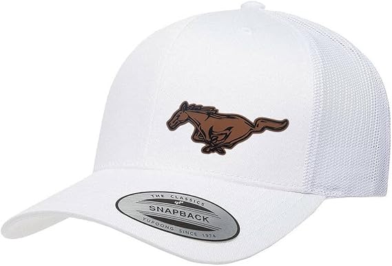 Ford Mustang Running Horse Side Logo Laser Engraved Leather Patch Yupoong 6606 Snapback Trucker Fitted Cap