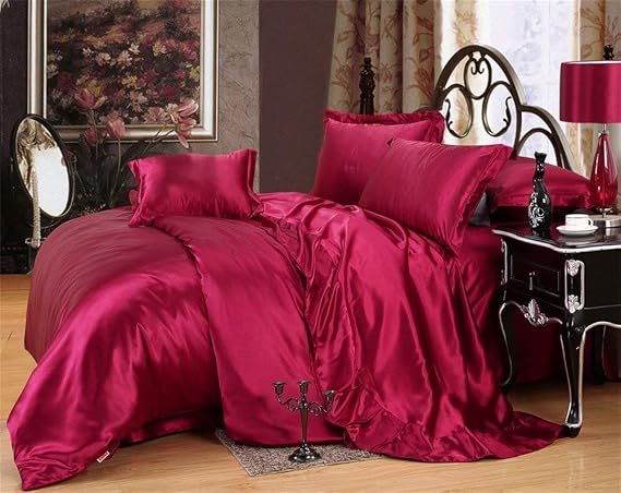Burgundy Satin Bed Sheet Set 4 PC 32 Inch Soft and Silky Bed Sheet Set (1 Flat Sheet,1 Fitted Sheet,2 Pillowcase) Cal-King