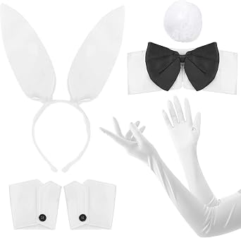 Bunny Costume Set Rabbit Ear Headband Bow Tie Collar Long Gloves Costume Cuffs Bunny Tail Accessory for Easter Party