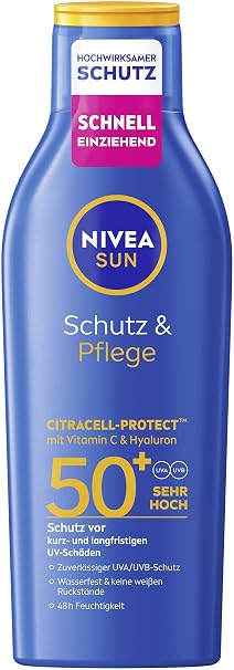 Nivea Sun Protection & Care Sun Lotion SPF 50+ Waterproof Sun Protection with Vitamin C & Hyaluron Quick-Absorbing Sun Cream for 48 Hours of Moisture without White Residue (200 ml)