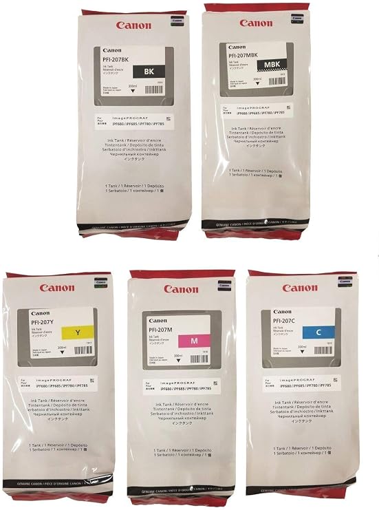 Canon PFI-207 300ml Ink Tank 5 Pack - for Canon iPF680/685/780/785, 1 PFI-207MBK 1 PFI-207BK 1 PFI207C 1 PFI207M 1 PFI207Y + InkSAVER Microfiber LCD Screen Cleaning Cloth