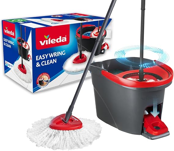 Vileda 163420 - Juego de fregona y Cubo con Pedal de Pie, Mango telescopico 85-125 cm, fregona de Suelo con escurridor Giratorio, Cabezal de fregona de Microfibra 2 en 1, Multicolor, 163420