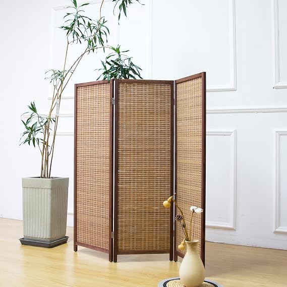 Furnnylane 3 Panel Bamboo Room Divider Short Folding Screen Divider,Double Sided Bamboo Divider Screen for Room Separation,Brown,120 cm H x 117 cm W 