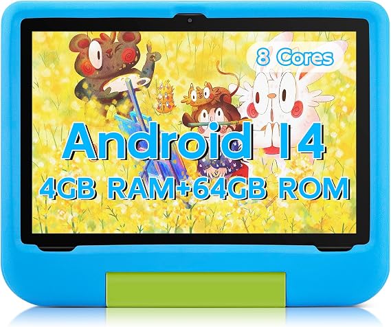 Kids Tablet 10 Inch - Android 14 Tablet for Kids, Octa-Core 8(4+4) GB+64GB, IPS HD Toddler Device, WiFi 6, Dual Camera, GMS, Parental Control Mode (Blue EVA Case)