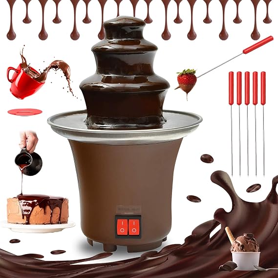 Mini Chocolate Fondue Fountain,wuyule 3 Tiers Electric Melting Machine Chocolate Fountain with 6pcs Iron Sticks Mini Hot Chocolate Fondue Pot,Easy to Assemble, Ranch, Liqueurs