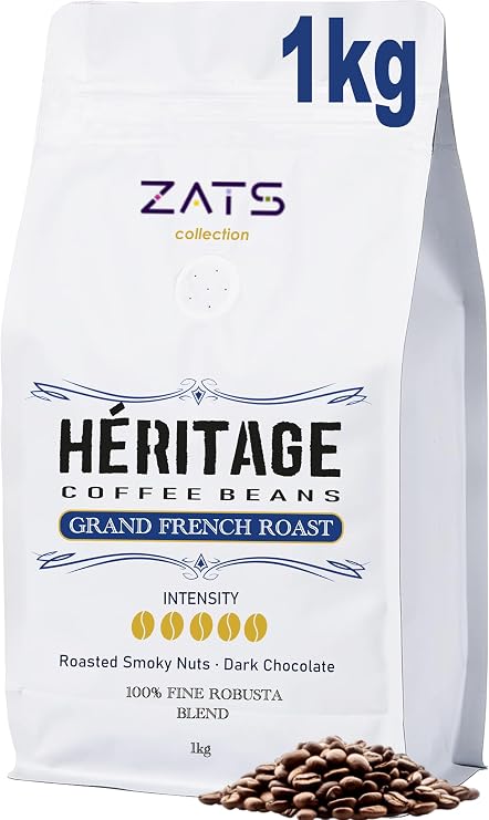 ZATS French Roast Fine Robusta Coffee Beans 1kg, Extra Strong Dark Roast - Intensity 5/5 - Artisan Espresso Blend, Whole Coffee Beans, Perfect for Bean to Cup Machines