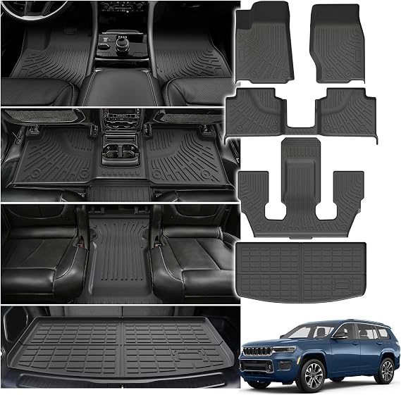 Powerty Floor Mats Cargo Liner for Jeep Grand Cherokee L 2021-2026(6-Seater w/o 2nd Row Center Armrest Only) All Weather 3D TPE Anti-Slip Car Protection, 1st & 2nd Row Set with Cargo Mat Accessories