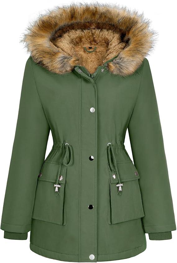 HEEKPEK Women Winter Coats Fleece Lined Parka Jackets with Faux-fur Hood | Full-Zip and Snap Button, Water Repellent, Warm Thicken Coat, Large Pockets, Drawstring Waist, Trendy Outerwear