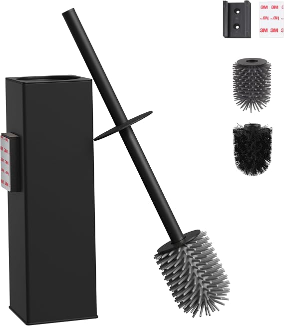 BVL Toilet Brush Wall Mounted Gold Toilet Brush Holder No Drilling Metal Includes 2 Brush Heads Toilet Brush Silicone Toilet Brush Square