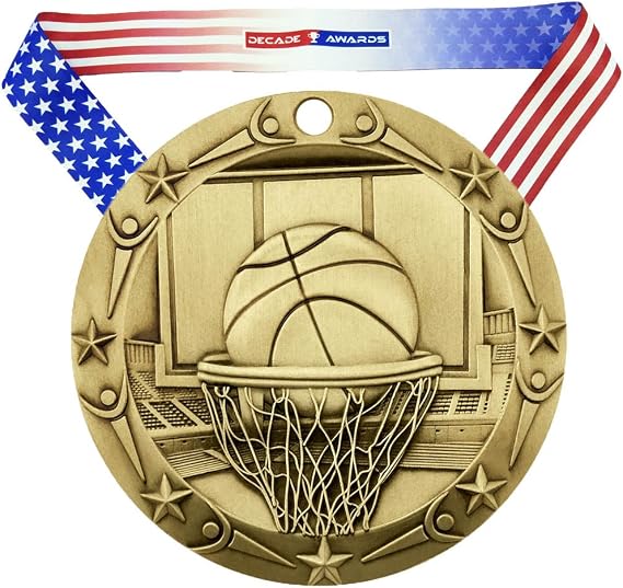 Decade Awards Basketball World Class Medal - 3 Inch Wide Hoops Medallion with Stars and Stripes American Flag V Neck Ribbon