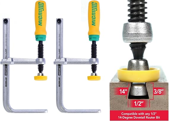 MICROJIG MatchFit Dovetail Clamps, Woodworking Track System Tools, DVC-538K2, 2-Pack, Yellow/Green