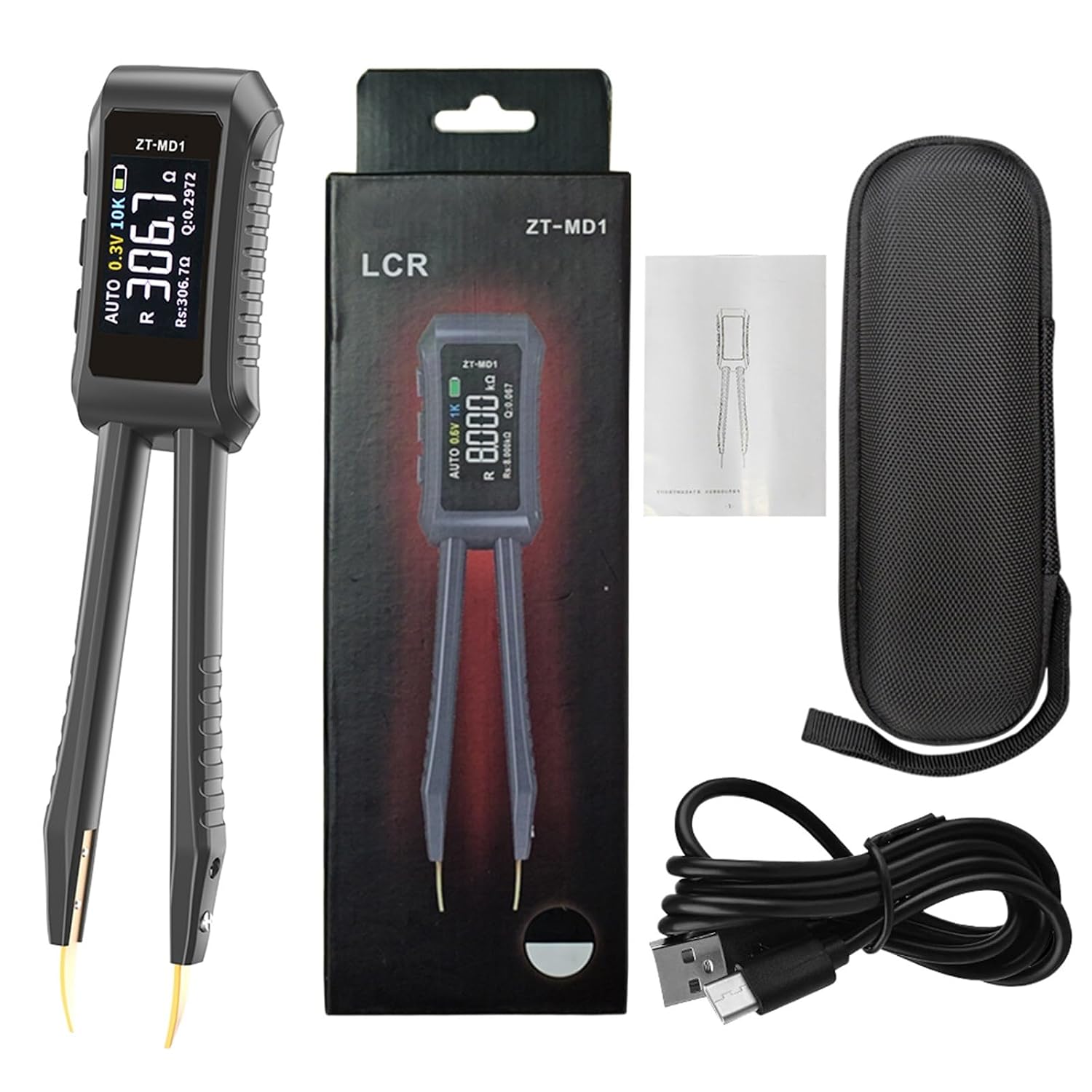 ZT-MD1 Mini Digital Tweezer 10KHz LCR SMD ESR Tester Resistance Capacitance Inductance Continuity Diode Test Measurement Tools Maximum Accuracy 0.5% Black
