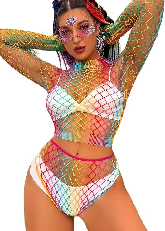 Womens Sexy Lingerie Fishnet Teddy Bodysuit Rainbow Hollow Out Babydoll Chemise Dress Nightwear