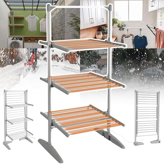 Heated Clothes Drying Rack,Folding Dryer Clothes Airer,3 Tier Electric Heating Clothes Floor Shelves,Aluminium Laundry Drying Frame-Waterproof Switch/Anti-Rust/Space Saving